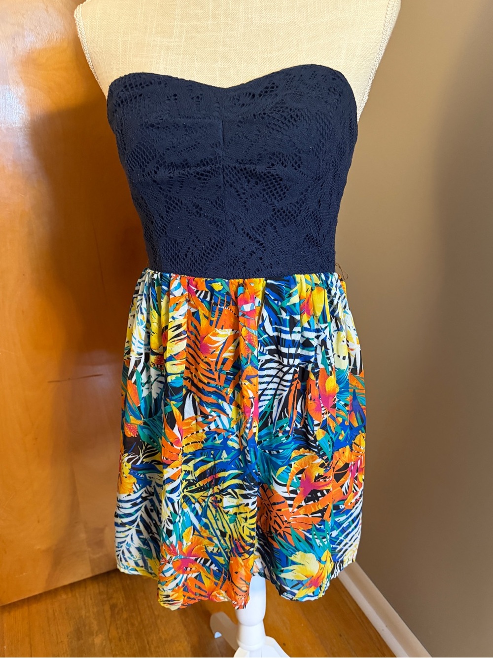 City Triangles Navy and Multicolor Tropical Strapless Dress